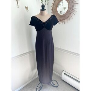 Vintage Liz Claiborne Brown Velvet Embroidered Evening Gown Wedding Dress